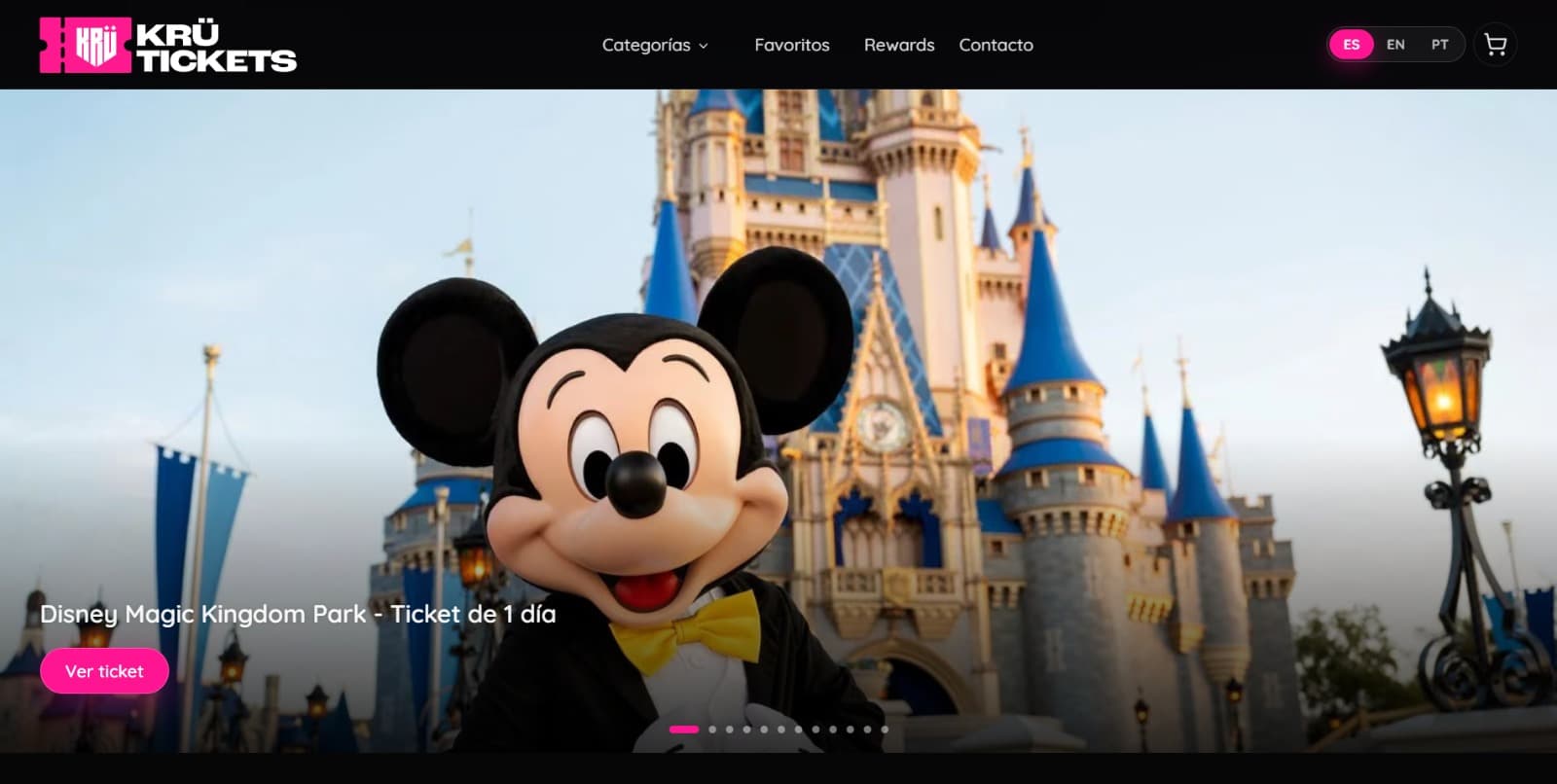 Portada de KruTickets con el hero de Disney Magic Kingdom y el acceso directo a la entrada de un día.