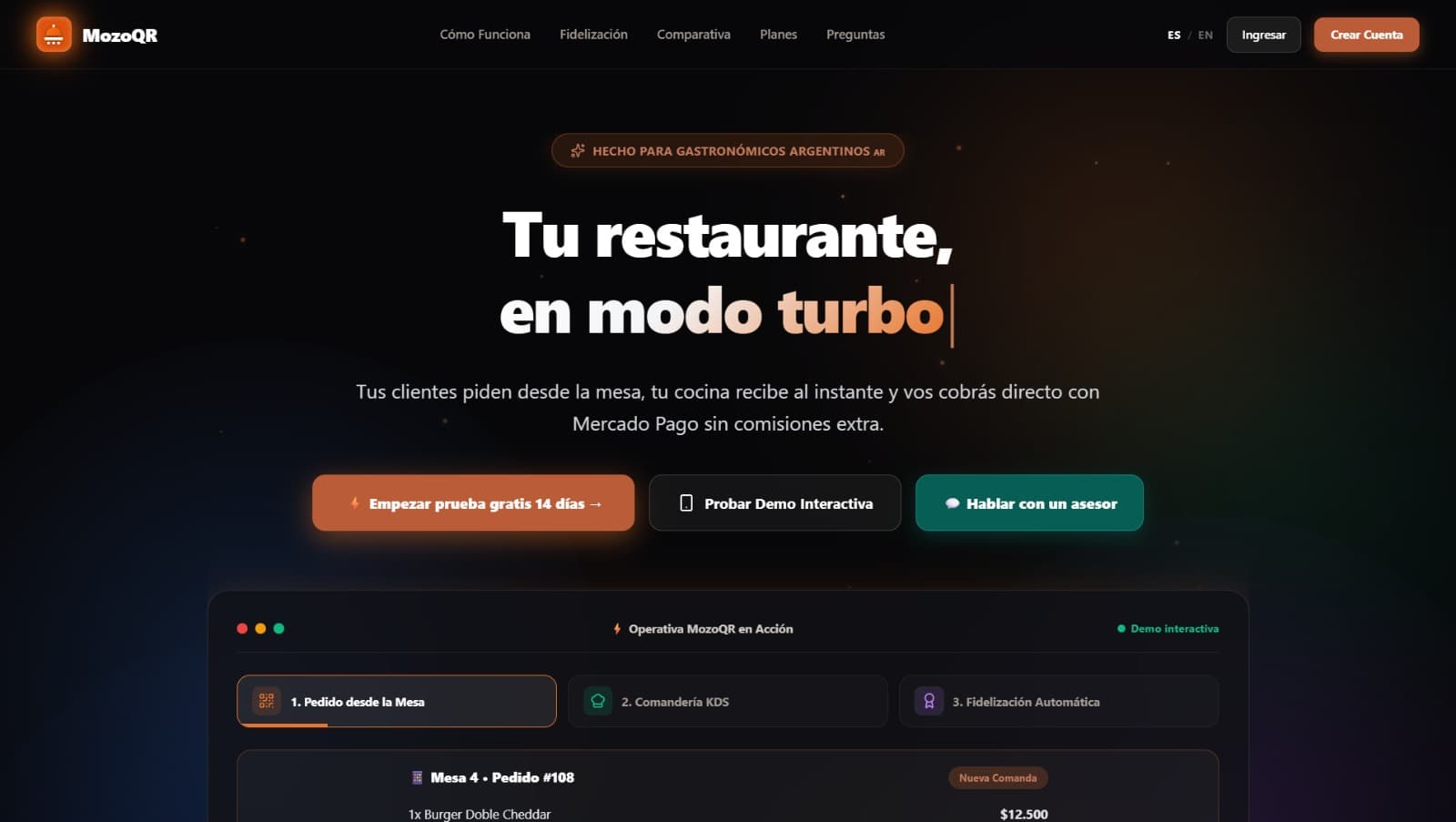 Portada de MozoQR mostrando la operativa: pedido desde la mesa, comandería en cocina y fidelización.