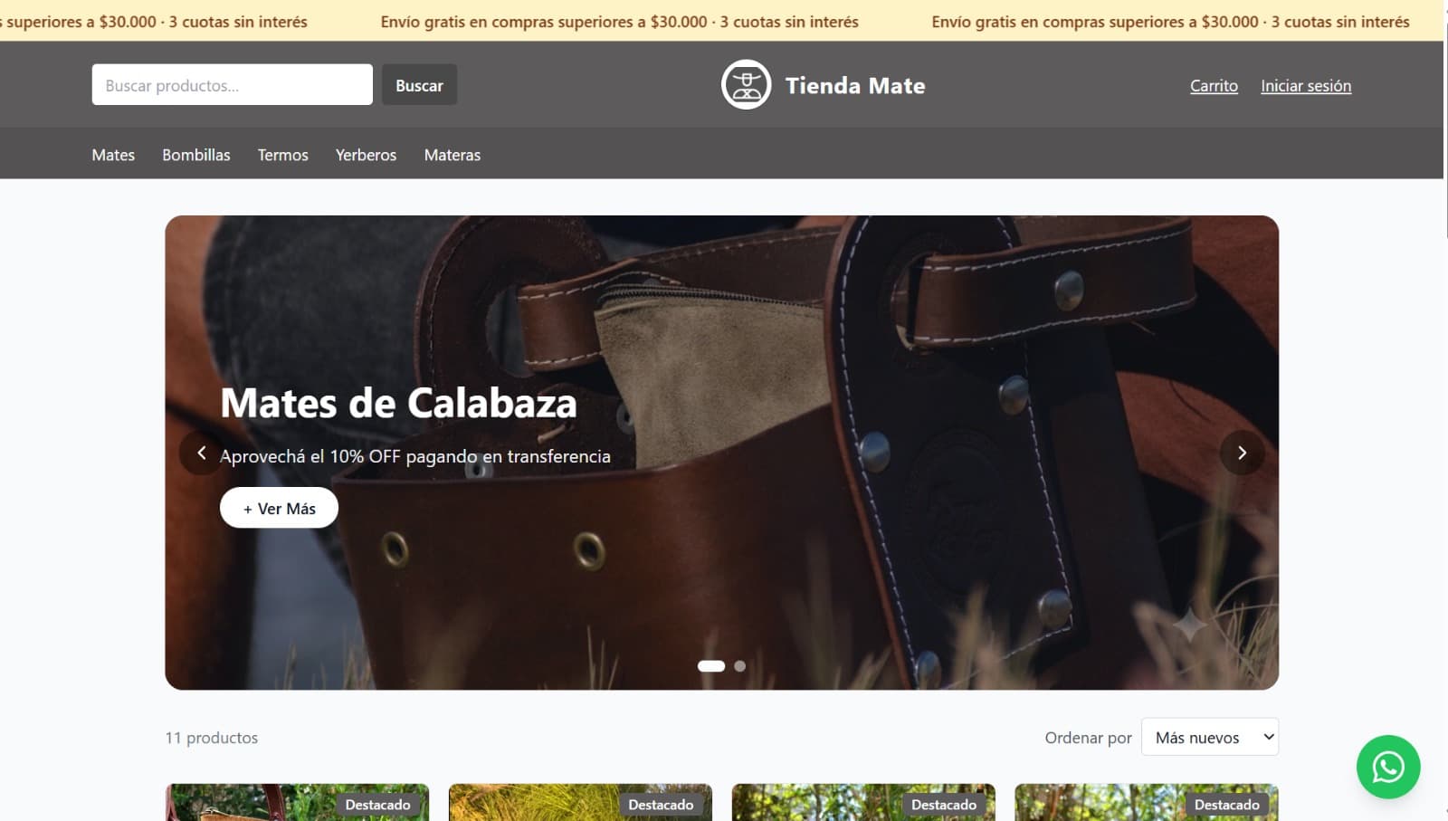 Portada de una tienda con banner de envío gratis, buscador, menú de categorías y carrusel de destacados.